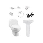 Combo Montecarlo II Blanco: Sanitario con taza redonda, lavamanos con pedestal, grifería negra y accesorios x4.