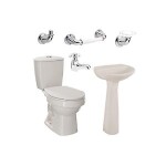 Combo Laguna Balta Bone: sanitario, lavamanos con pedestal, grifería y accesorios